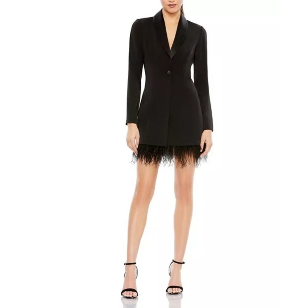 IEENA for Mac Duggal NWT Feathered Trim Tuxedo Black Dress, Size 6 - Picture 2 of 12